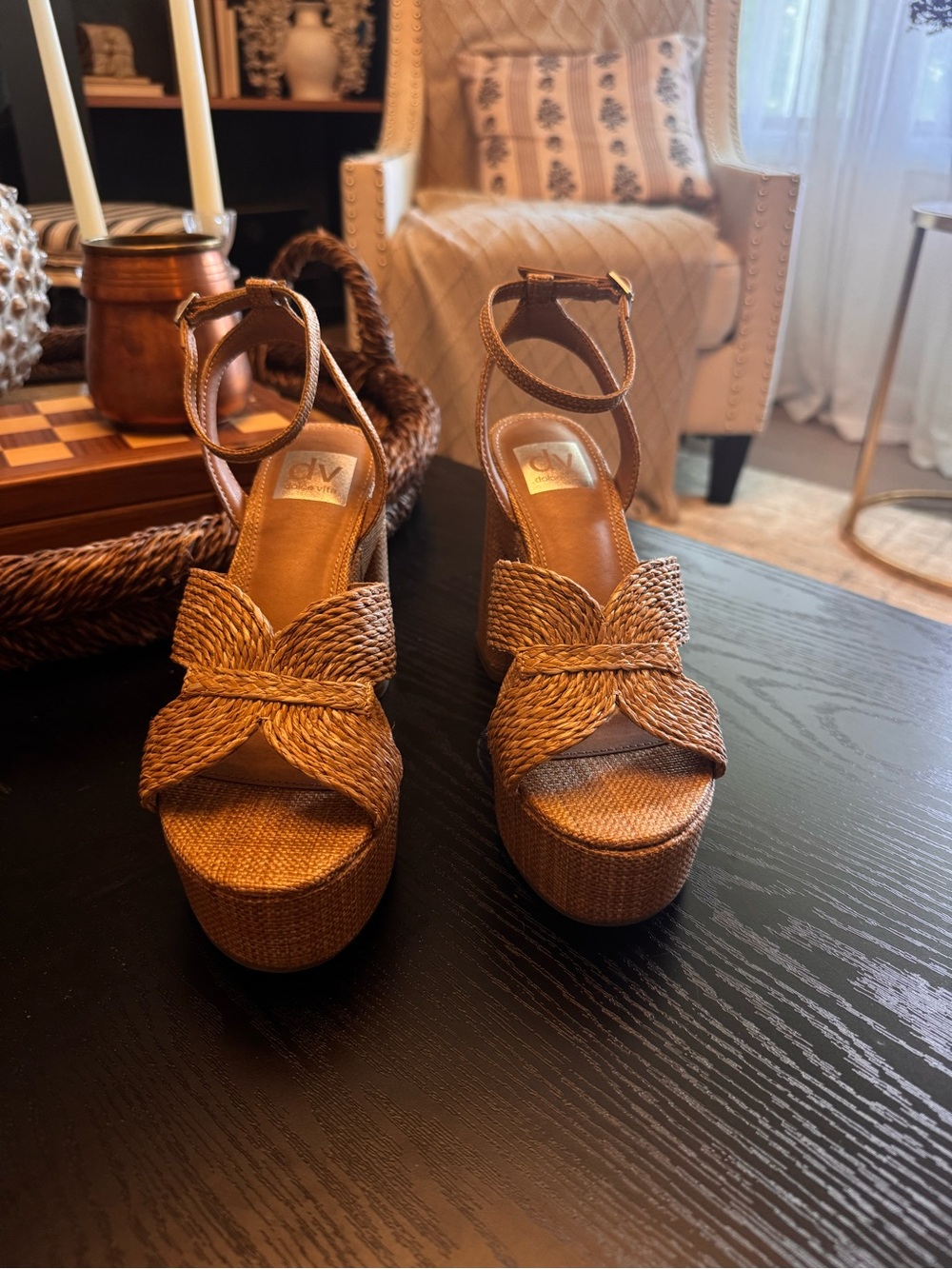 Dolce Vita Waylan Tan Braided Platform Sandals with Ankle Strap